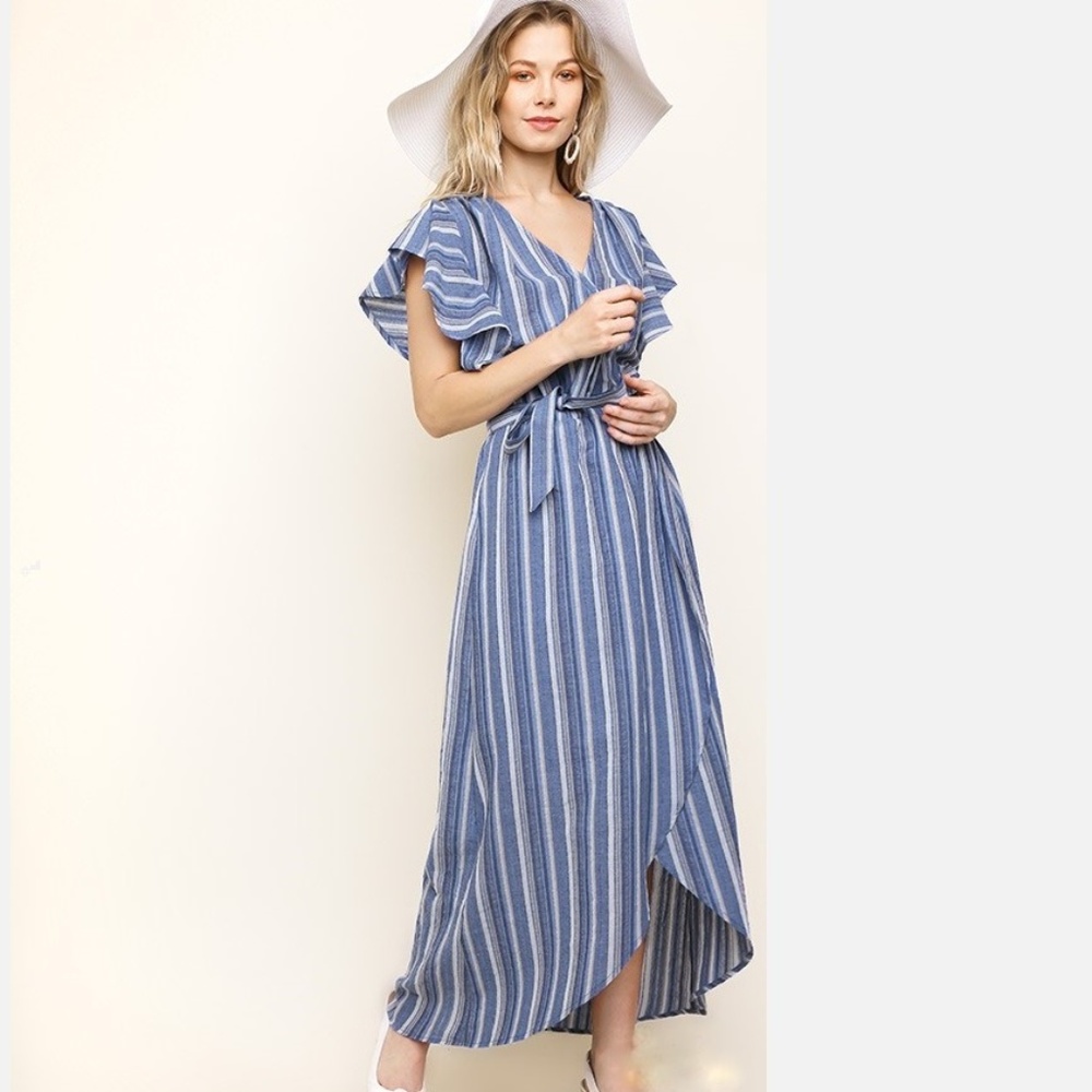 NWT Wrap Front Maxi Dress Blue Stripes Tie Waist